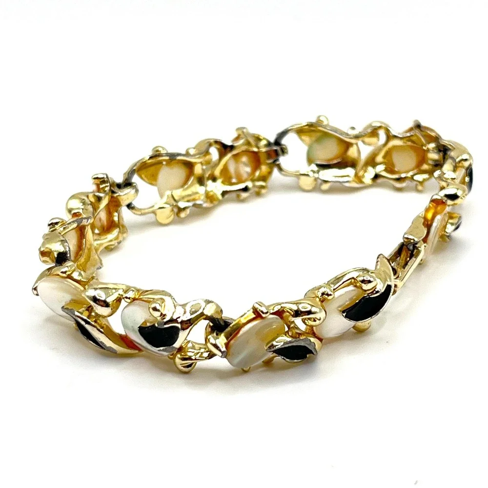 Vintage Black Enamel and Mother of Pearl Shell Inlay MCM Gold Tone Link Bracelet